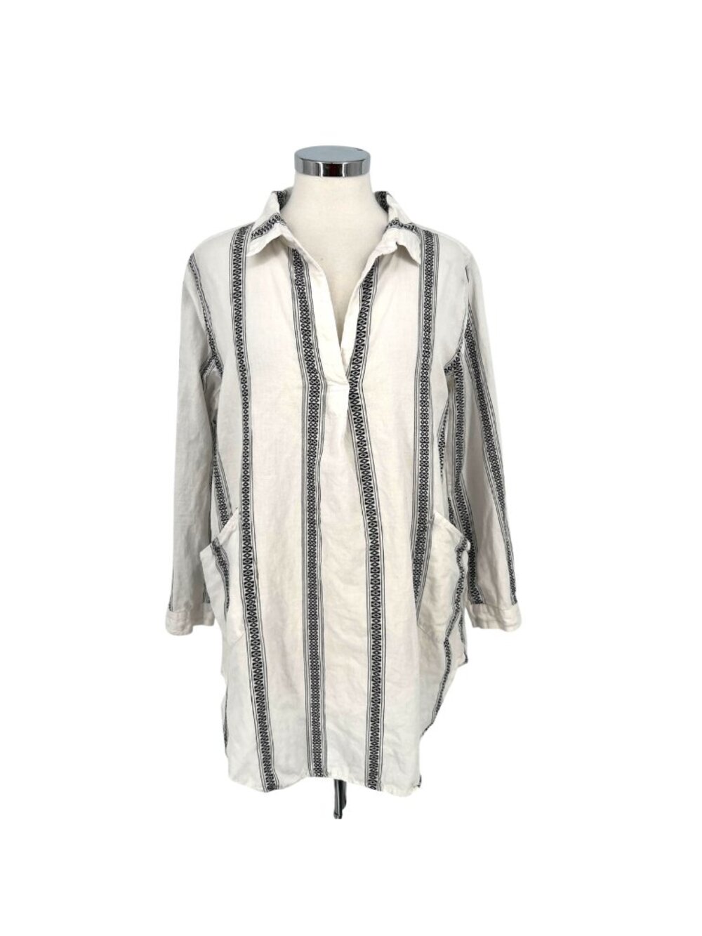 Dylan Boho Coastal Nomad Stripe Tunic Top Beach Cover-up White Black Size Medium